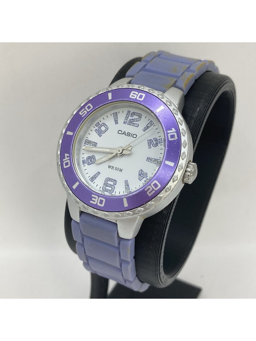Casio LTP-1331 Womenโs Watch Purple Silver Dial Resin Band Glitter Numbers 1330